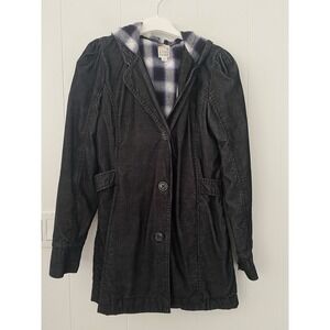 ROXY Sz Large Black Corduroy Coat with Cinched Waist Hood Flannel Lining